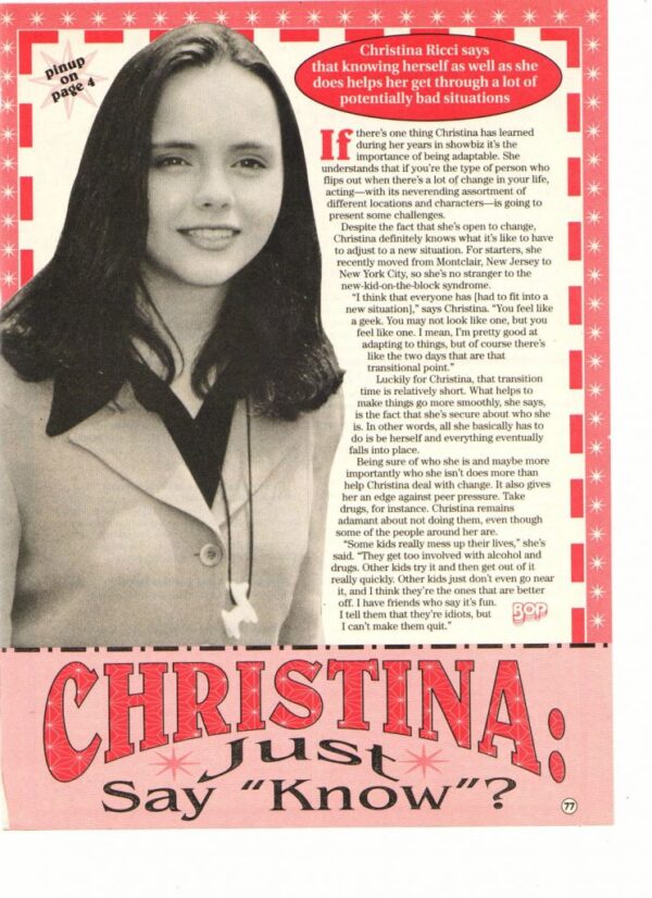 Christina Ricci Teen Magazine Pinup Clipping Just Say Know Teen Stars