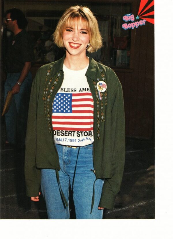 Debbie Gibson wearing a USA flag shirt