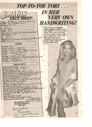 Tori Spelling teen magazine pinup clipping 90's her own handwriting Teen Beat