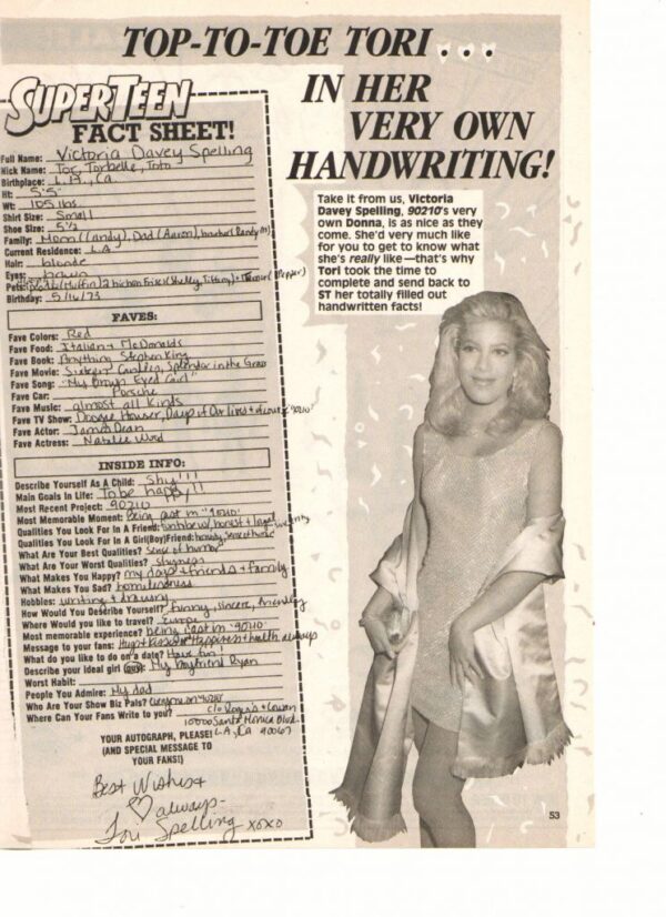 Tori Spelling teen magazine pinup clipping 90's her own handwriting Teen Beat