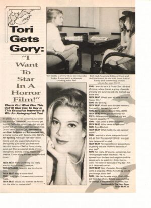 Tori Spelling teen magazine pinup clipping 90's 2 page Tori gets Gory Teen Beat