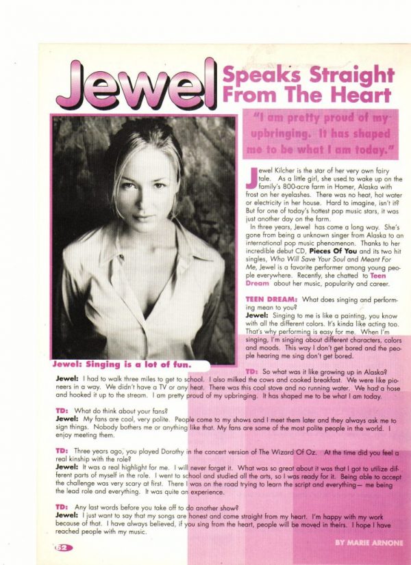 Jewel teen magazine pinup clipping speaks straight from the heart teen machine