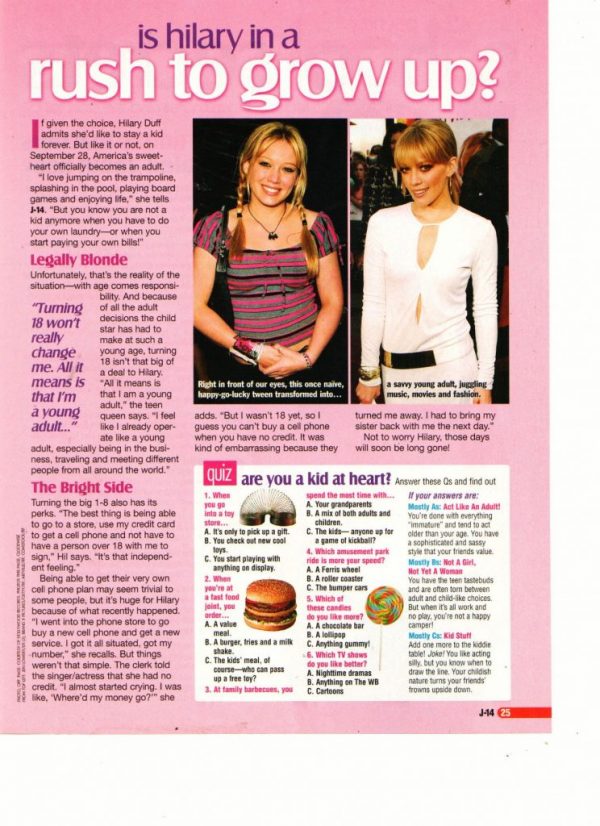 Hilary Duff teen magazine clipping is Hilary in a rush to grown up J-14