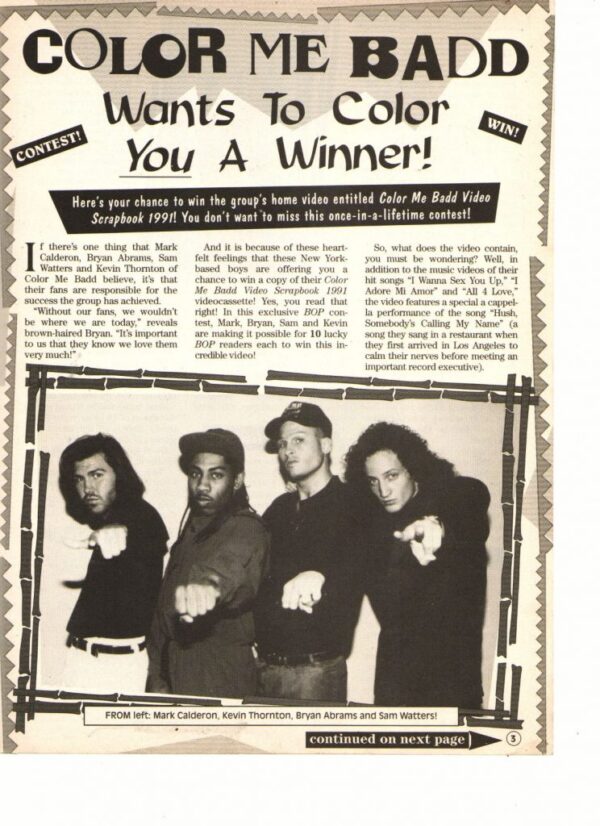 Color Me Badd teen magazine clipping 2 page want to color you a winner Bop