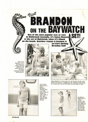 Brandon Call teen magazine clipping Brandon on the Baywatch Set Teen Set shorts barefoot