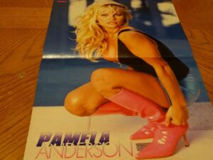 Pamela Anderson squatting short blue skirt Baywatch pink shoes Bravo poster