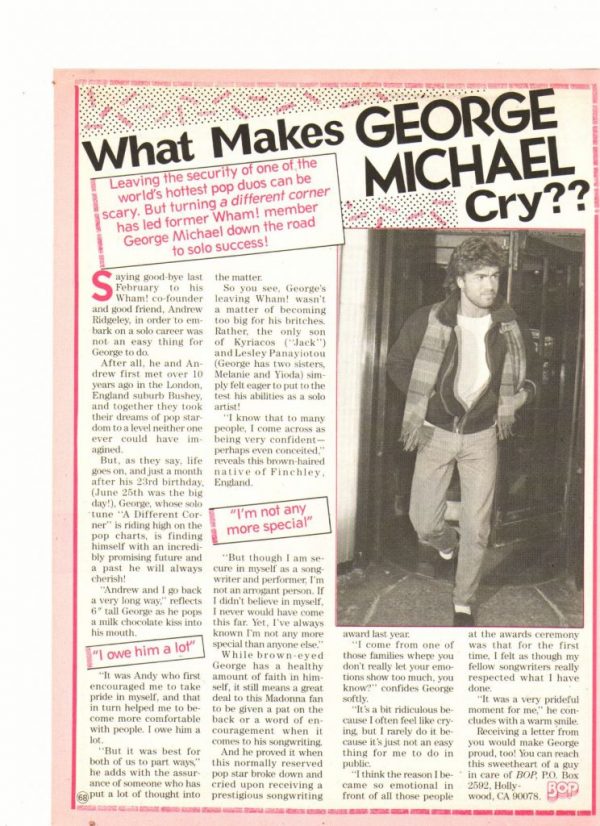 George Michael teen magazine clipping what makes George Michael Cry Bop