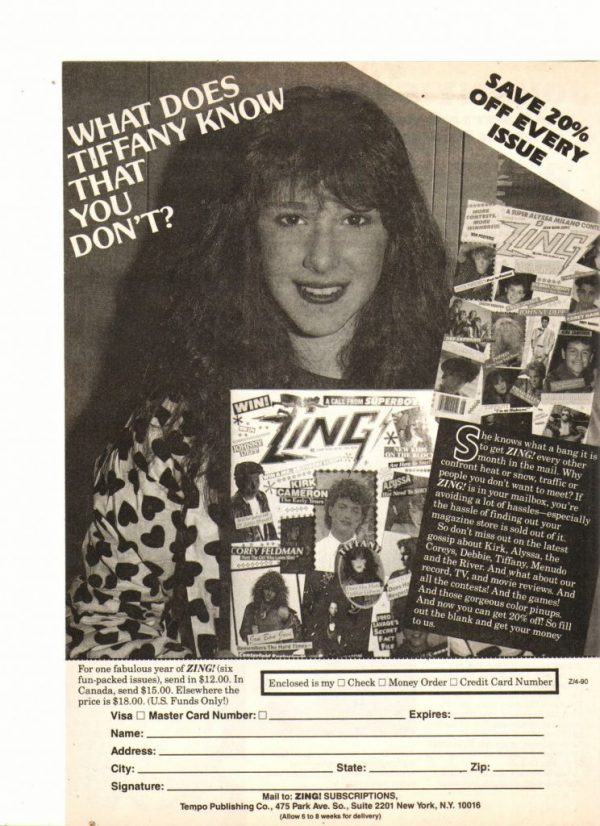 Tiffany holding Zing magazine 80's pop idol