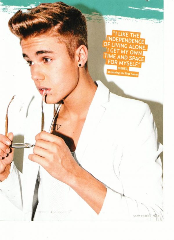 Justin Bieber teen magazine pinup older white shirt sun glasses Teen People