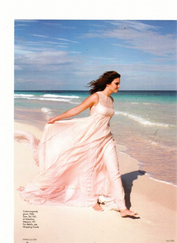 Mandy Moore walking barefoot beach pink dress waves