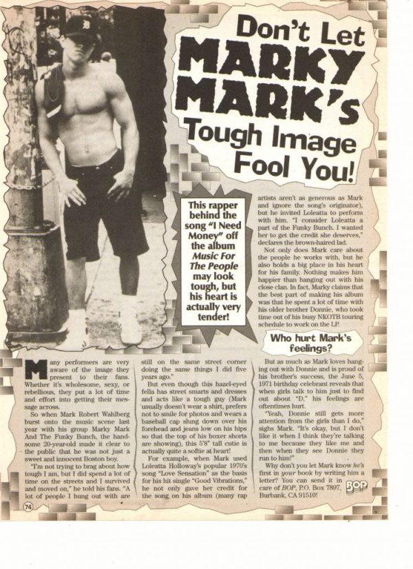 Marky Mark Wahlberg teen magazine clipping rapping for the right reason Bop teen idol