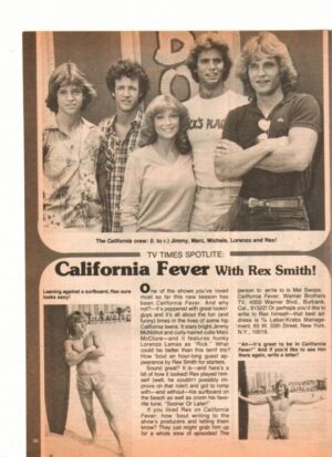 Rex Smith teen magazine clipping California Fever shirtless barefoot