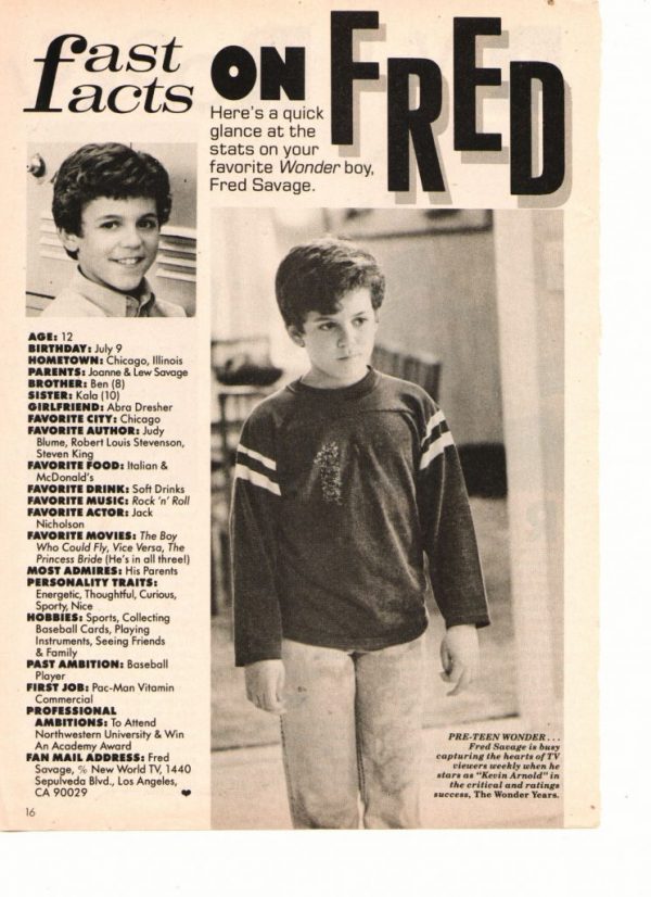 Fred Savage fast facts teen magazine