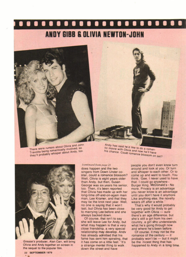 Andy Gibb Olivia Newton John teen magazine clipping 2 pages movie into romance