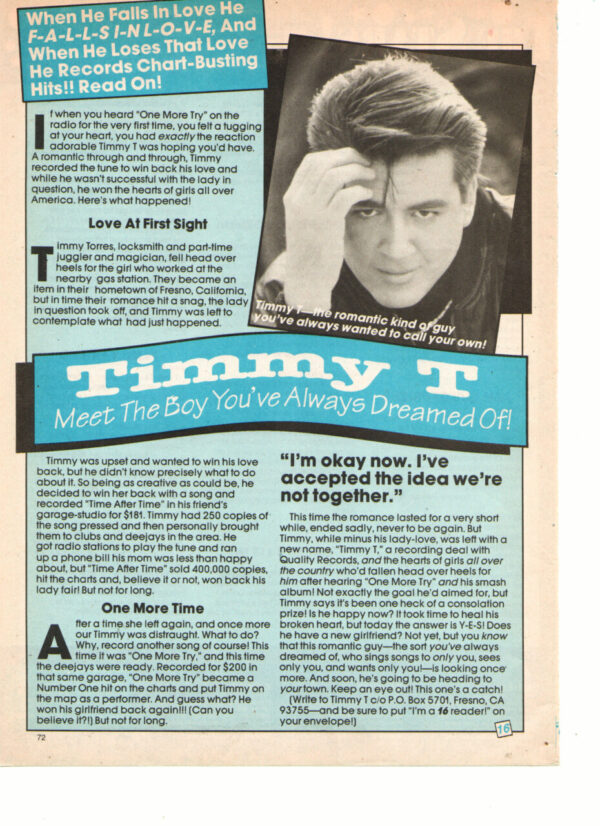 Tommy Page teen magazine clipping dream of him