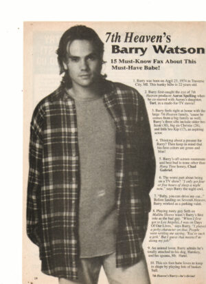 Barry Watson teen magazine clipping 15 facts