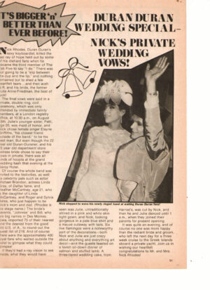 Nick Rhodes Duran Duran teen magazine clipping wedding vows