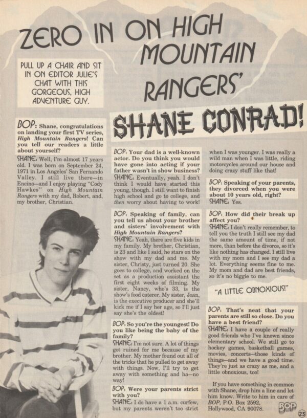 Shane Conrad teen magazine clipping High Moutain Raner Bop