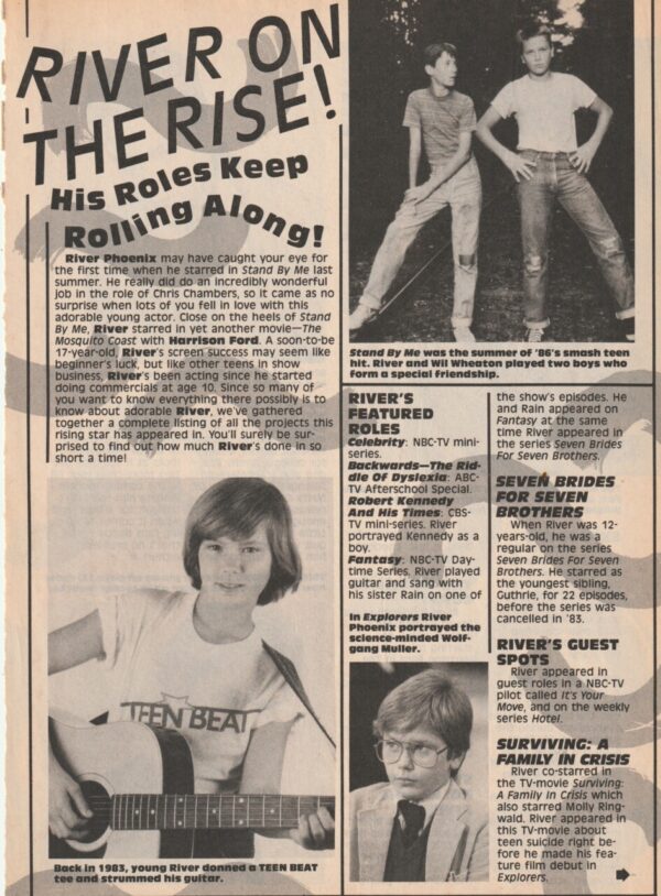 River Phoenix Wil Wheaton teen magazine clipping 2 page his roles keep rolling along