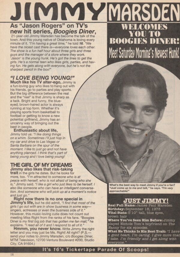 James Marsden teen magazine clipping Boogies Diner 16 mag