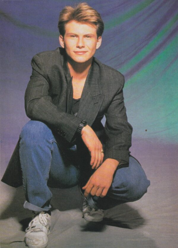 Christian Slater Paula Abdul teen magazine pinup squatting jeans