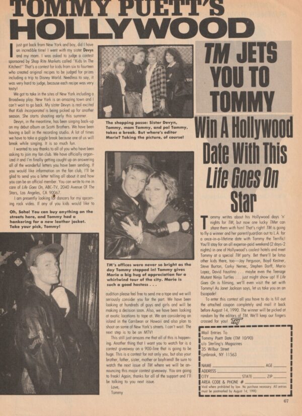 Tommy Puett teen magazine clipping Hollywood date