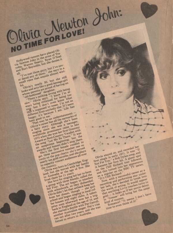 Olivia Newton John teen magazine clipping no time for love