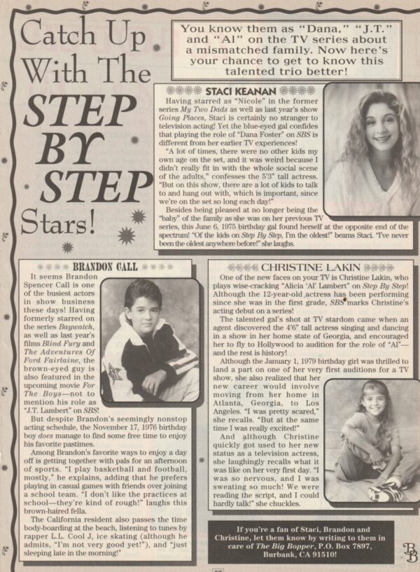 Brandon Call Christina Lakin Staci Keanan teen magazine clipping Step by Step Stars