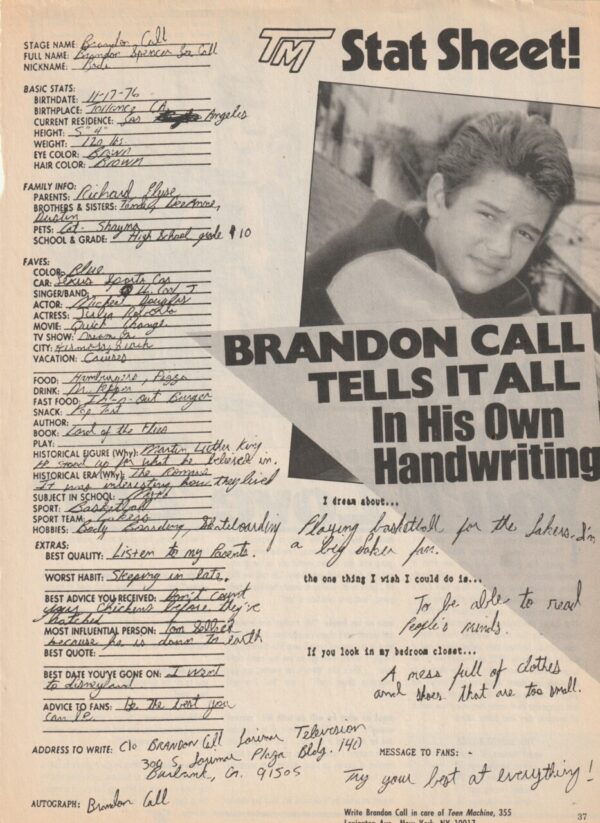Brandon Call teen magazine clipping his handwriting rare Teen Machine