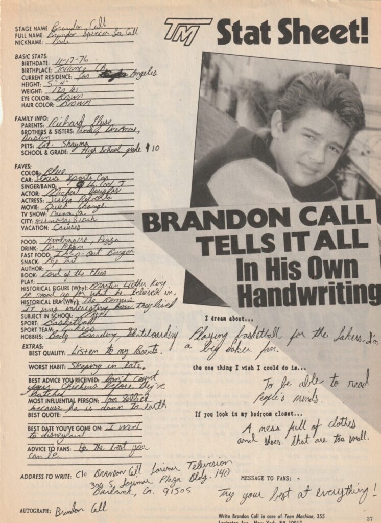 Brandon Call teen magazine clipping his handwriting rare Teen Machine ...