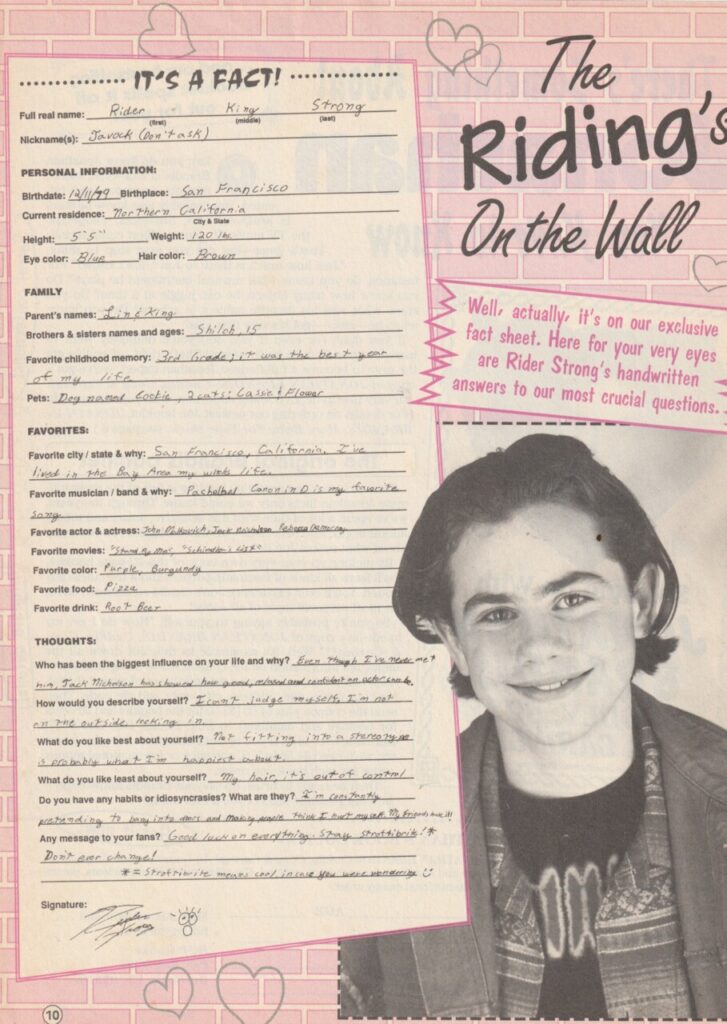 Rider Strong teen magazine clipping riding on the wall Bop his
