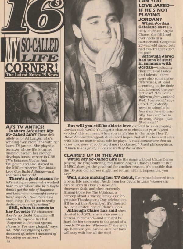 Jared Leto AJ Langer Claire Danes teen magazine clipping Corner