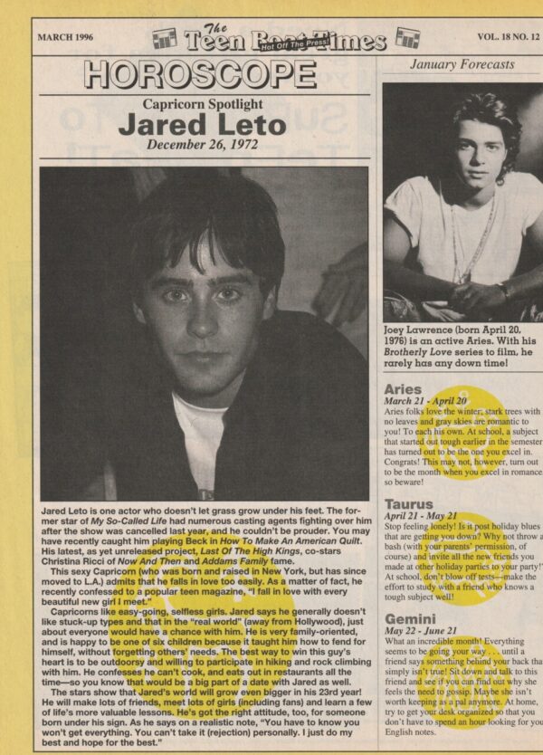 Jared Leto teen magazine clipping horoscope Teen Beat