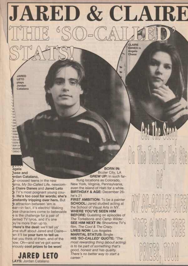 Jared Leto Claire Danes teen magazine clipping 2 page So called Stats