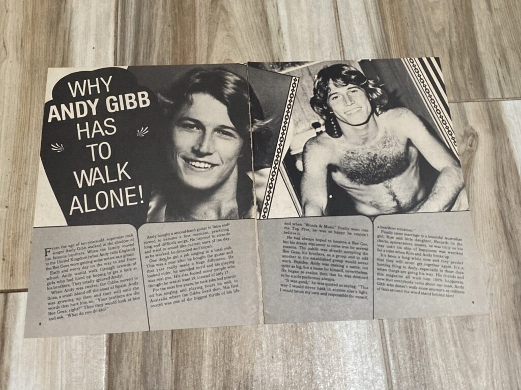 Andy Gibb teen magazine clipping Andy Gibb walking alone shirtless ...