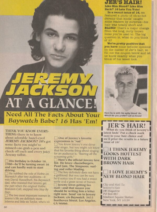 Jeremy Jackson teen magazine clipping at a glance 16 magazine