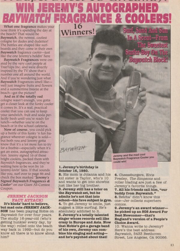 Jeremy Jackson teen magazine clipping Baywatch Fragrance 16 magazine