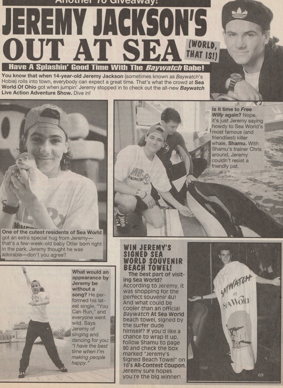 Jeremy Jackson teen magazine clipping out to sea 16 magazine Seaworld ...
