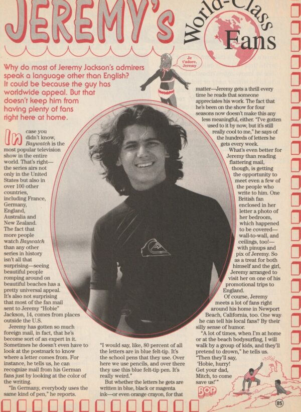 Jeremy Jackson teen magazine clipping World Class Fans Bop wetsuit Baywatch