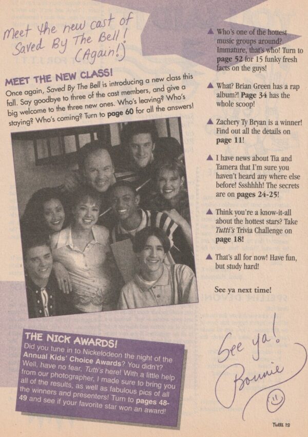 Saved by the Bell New Class teen magazine clipping Tutti Frutti Meet them