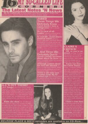 Jared Leto Claire Danes AJ Langer Saved by the Bell New Class carousel teen magazine clipping