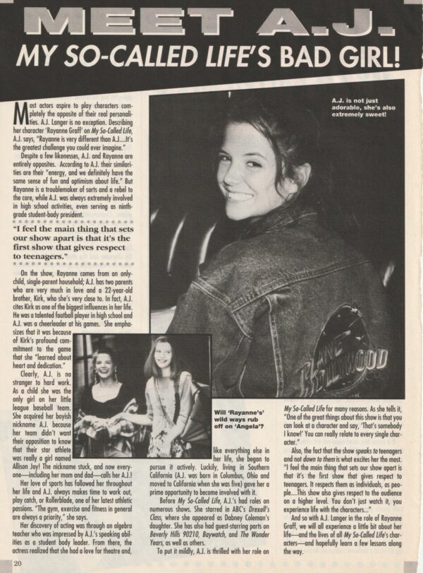 AJ Langer bad girl my so called life teen idols clipping article pix