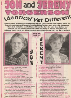 Jonathan Torgerson Jeremy Torgerson teen magazine clipping Identical yet different twins teen idols Bop