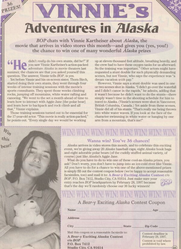 Vincent Kartheiser teen magazine clipping adventures in Alaska Bop