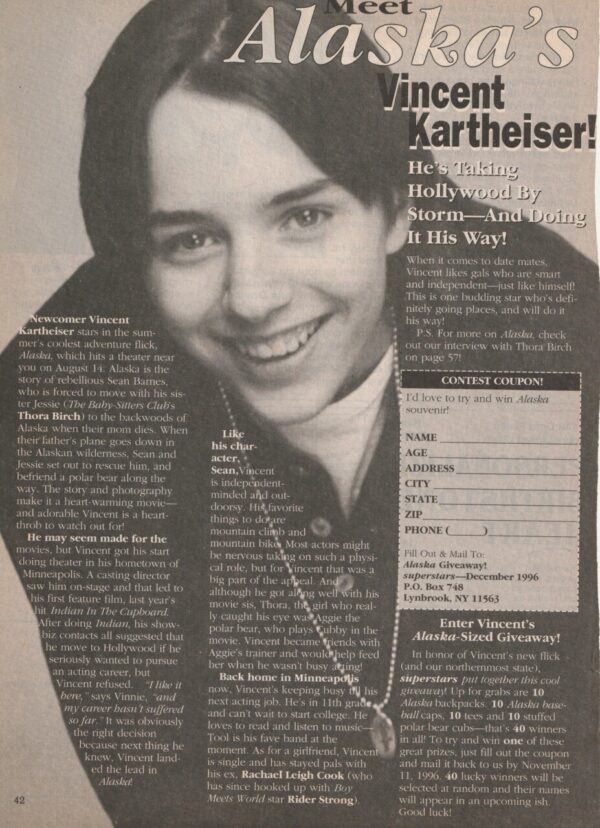 Vincent Kartheiser teen magazine clipping Meet Alaska Vincent Superteen Pix