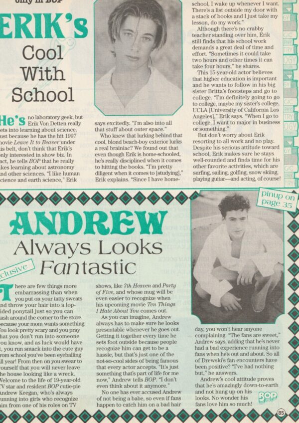 Erik Von Detten Andrew Keegan teen magazine clipping cook with school Bop