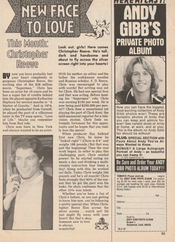 Christopher Reeve teen magazine clipping New face to love