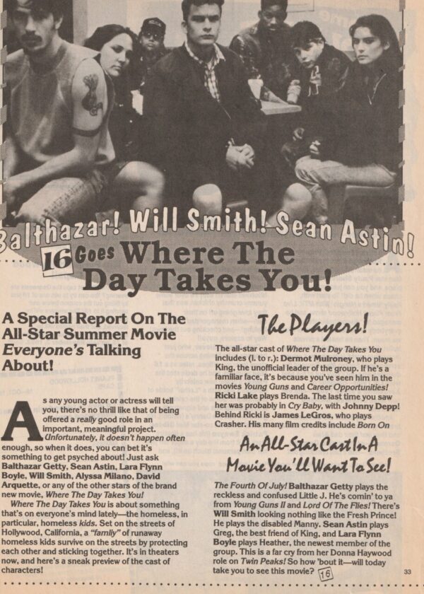 Balthazar Getty Will Smith Sean Astin teen magazine clipping where the day takes you 16 mag