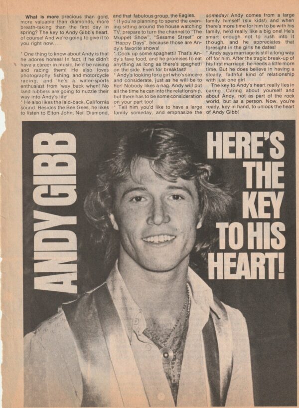 Andy Gibb teen magazine clipping here the key to his heart 70's