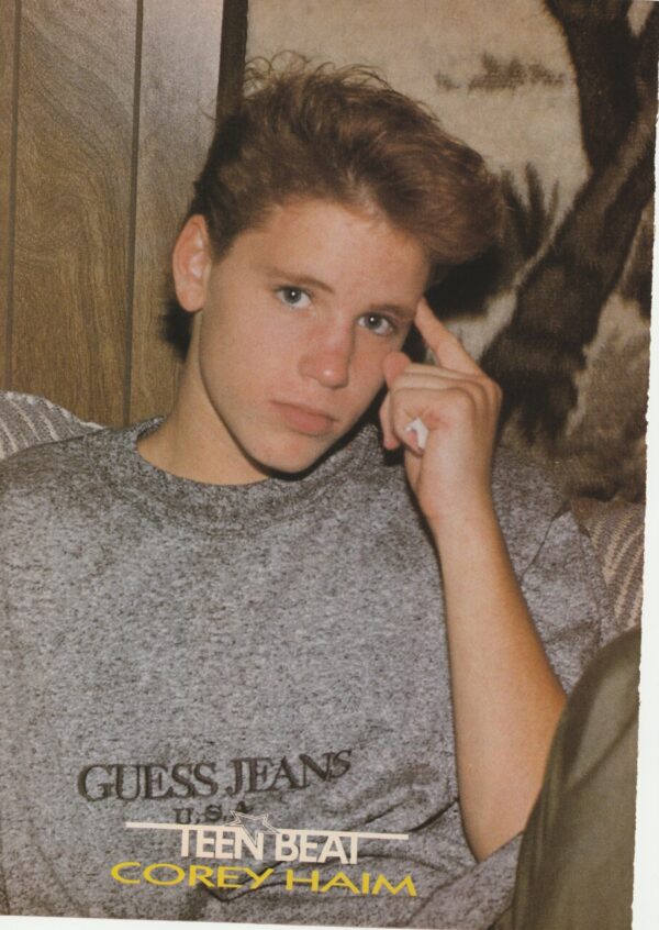 Corey Haim Kirk Cameron teen magazine pinup hand on face Teen Beat Guess Jeans shirt